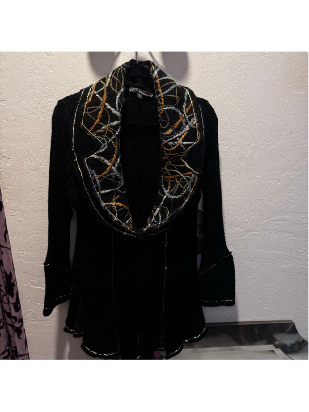 Slani Black Euro style Cardigan Sweater with Gold Embroidery, Size up to small1X